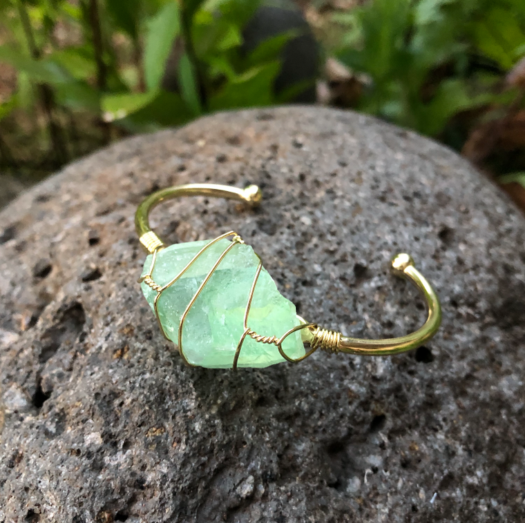 Green Fluorite Rough Gemstone Gold Bangle Cuff Bracelet  ~ &quot;Energy, Health, &amp; Healing&quot;