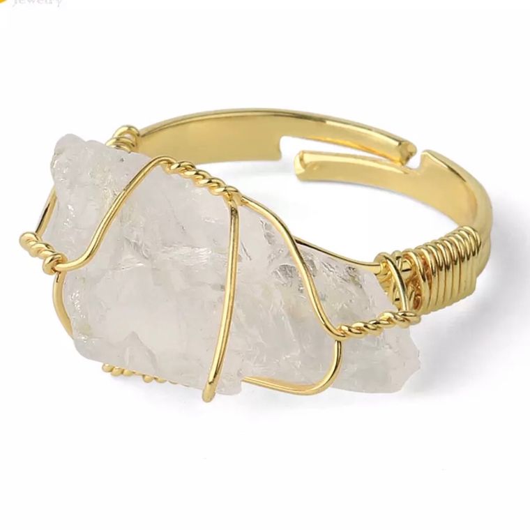Crystal Quartz Rough Gemstone Gold Adjustable Ring ~ "Spiritual Awareness, Clarity, & Power"